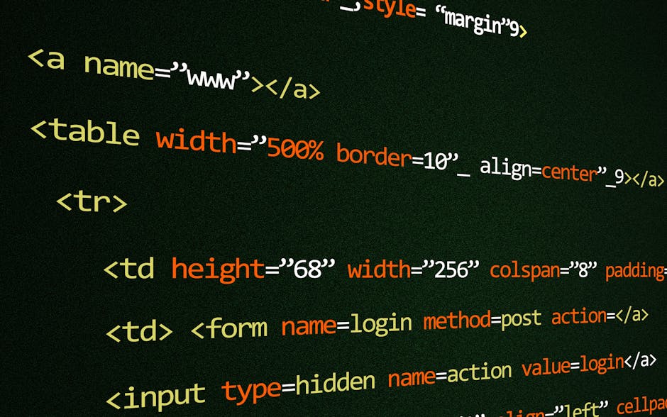 The image displays a close-up view of a computer screen showing lines of HTML code. The code includes various tags such as <table>, <tr>, and <td>, with attributes like width, height, colspan, and pad